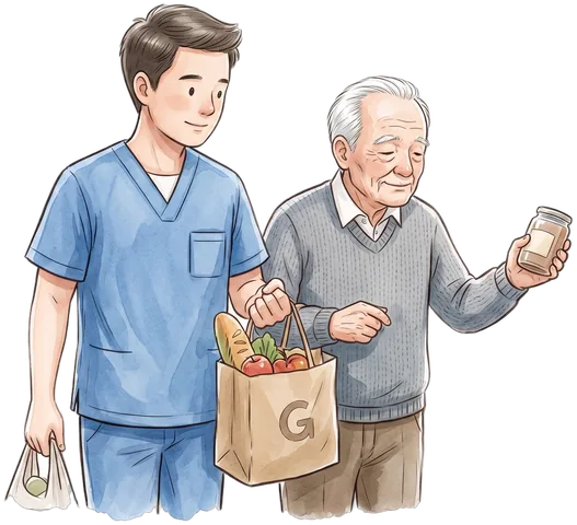 職員が高齢男性の買い物に付き添うイラスト