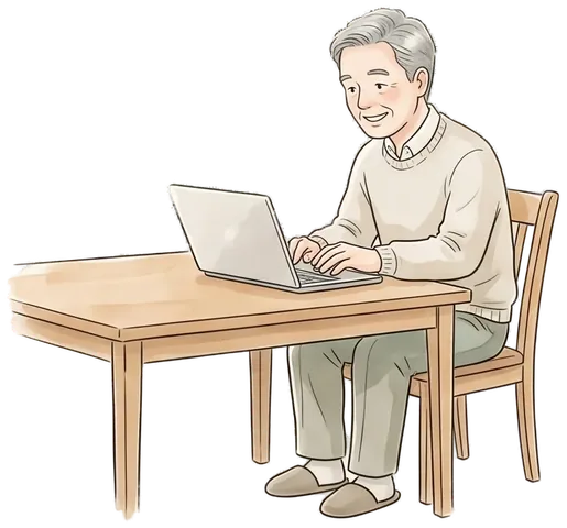 ノートパソコンで料金を試算するご家族のイラスト