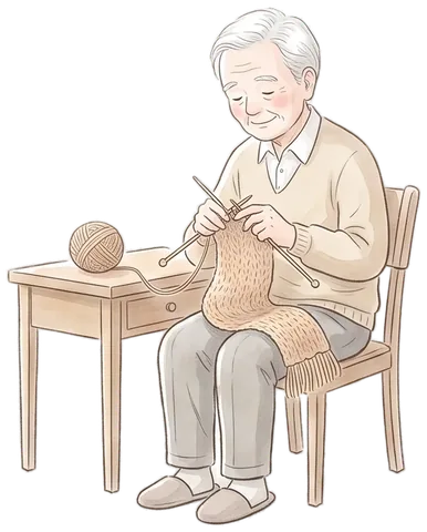 編み物を楽しむ高齢の入居者様のイラスト