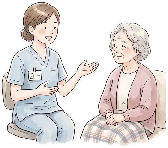 入居者様とお話しする職員のイラスト