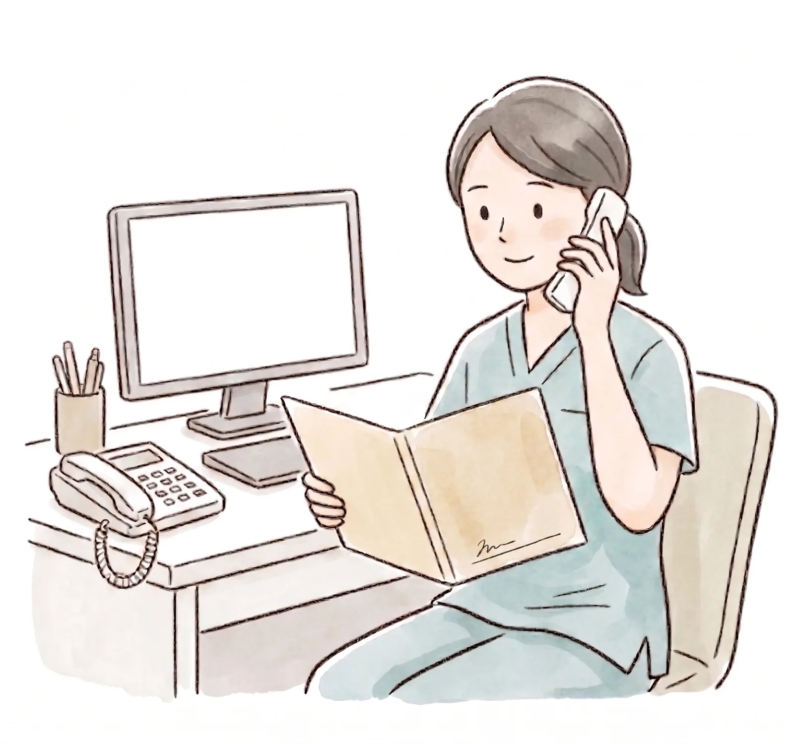 医療面のご案内 - 職員が電話でご家族にご連絡している様子