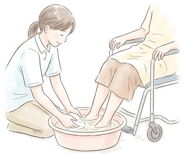 入浴をやさしくサポートする職員と入居者様のイラスト