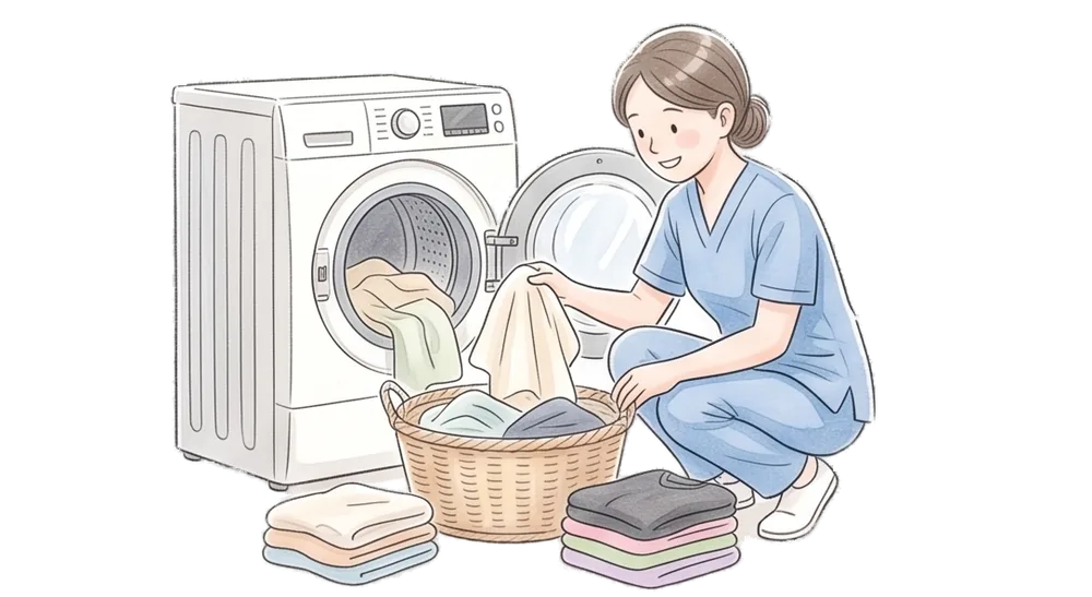 清潔な衣類をたたむ職員のイラスト