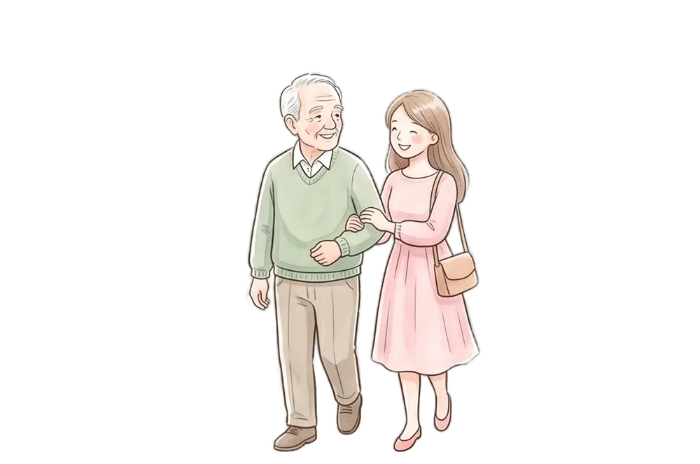 ご家族と外出を楽しむ入居者様のイラスト